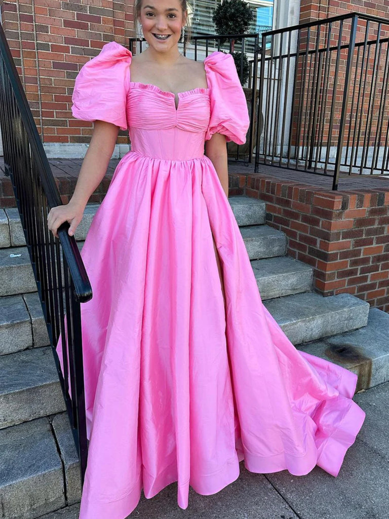 Open Back Puff Sleeves Pink Satin Long Prom Dresses, Long Pink Formal Graduation Evening Dresses SP2827