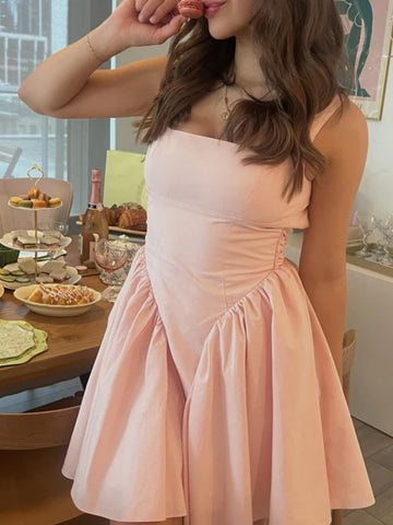 Open Back Simple Pink Satin Short Prom Dresses, Open Back Pink Homecoming Dresses, Pink Formal Evening Dresses SP2968