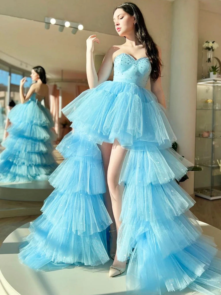 Open Back Strapless Beaded High Low Blue Tulle Long Prom Dresses