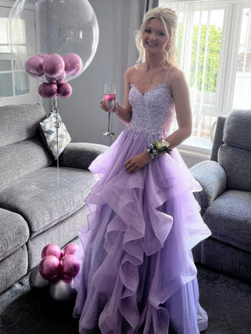 Open Back V Neck Fluffy Lilac Lace Long Prom Dresses, Lilac Tulle Formal Dresses with Appliques, Lilac Evening Dresses SP2933
