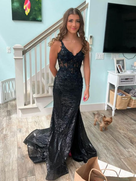 Open Back V Neck Mermaid Black Sequins Lace Long Prom Dresses, Mermaid Black Formal Dresses, Black Lace Evening Dresses SP3001