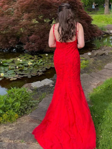 Open Back V Neck Mermaid Red Lace Long Prom Dresses with High Slit, Mermaid Red Formal Dresses, Red Lace Evening Dresses SP2934