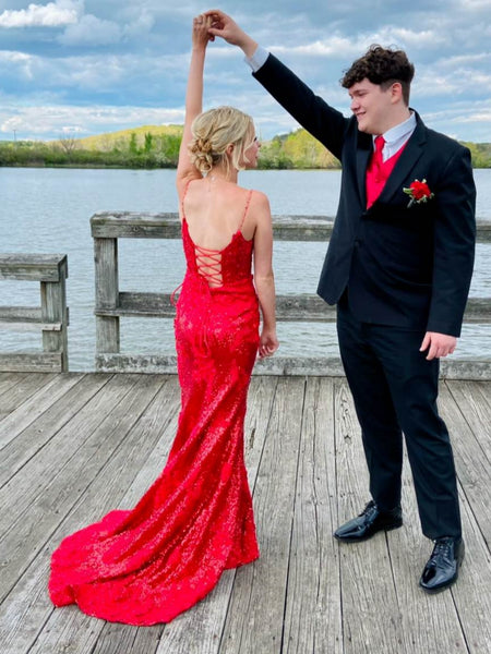 Open Back V Neck Red Lace Sequins Long Prom Dresses, Red Lace Formal Dresses, Red Evening Dresses with High Slit SP3089