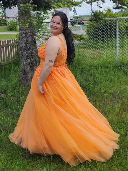 Plus Size V Neck Orange Lace Long Prom Dresses, Orange Lace Formal Graduation Evening Dresses SP3107