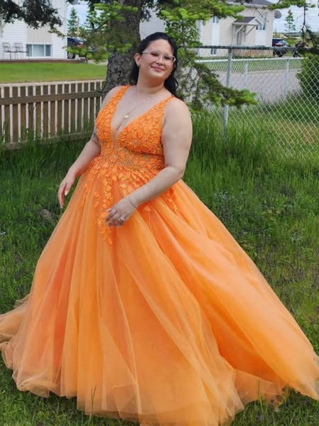 Plus Size V Neck Orange Lace Long Prom Dresses, Orange Lace Formal Graduation Evening Dresses SP3107