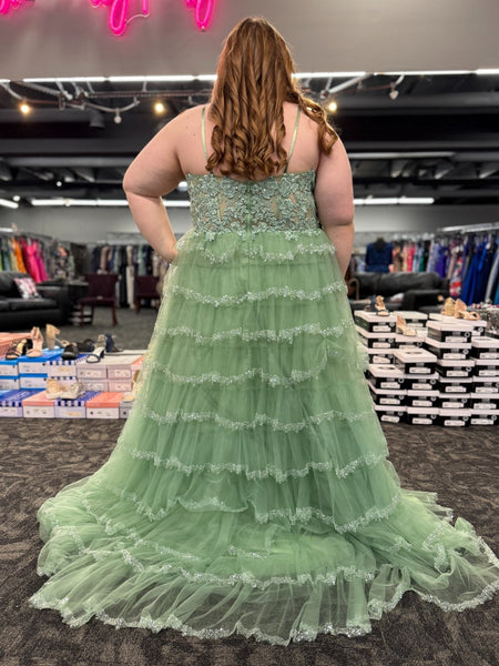 Plus V Neck Sage Lace Long Prom Dresses, Sage Lace Formal Dresses, Sage Evening Dresses SP3418