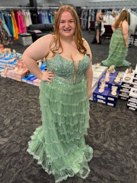 Plus V Neck Sage Lace Long Prom Dresses, Sage Lace Formal Dresses, Sage Evening Dresses SP3418