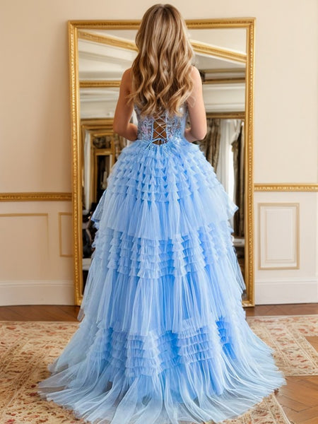 Princess A-line Spaghetti Straps Light Blue Lace Long Prom Dresses, Light Blue Lace Formal Graduation Evening Dresses SP2915