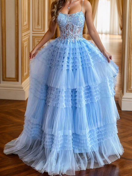 Princess A-line Spaghetti Straps Light Blue Lace Long Prom Dresses, Light Blue Lace Formal Graduation Evening Dresses SP2915