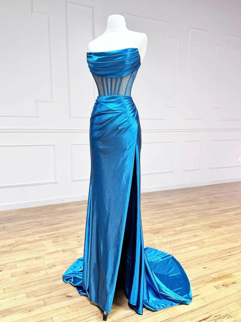 Princess Mermaid Blue Satin Long Prom Dresses with High Slit, Mermaid Blue Formal Dresses, Blue Evening Dresses SP2720
