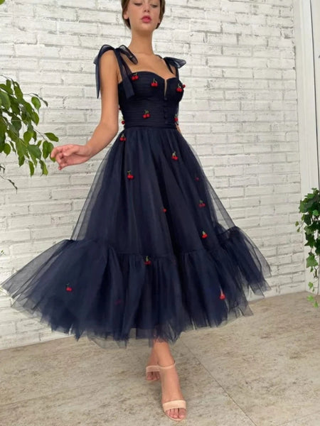 Princess Navy Blue Tulle Tea Length Prom Dresses with Appliques, Navy Blue Homecoming Dresses, Floral Formal Evening Dresses SP2732