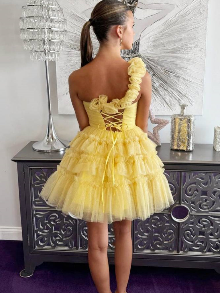 Princess One Shoulder Yellow Tulle Short Prom Dresses with Flowers, On Shiny Party Princess One Shoulder Yellow Tulle Short Prom Dresses with Flowers, On Shiny Party