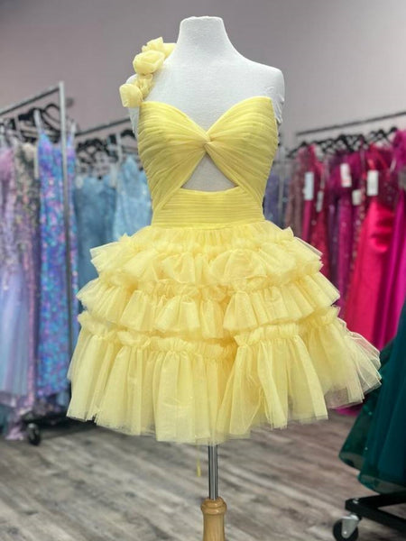 Princess One Shoulder Yellow Tulle Short Prom Dresses with Flowers, One Shoulder Yellow Homecoming Dresses SP3254