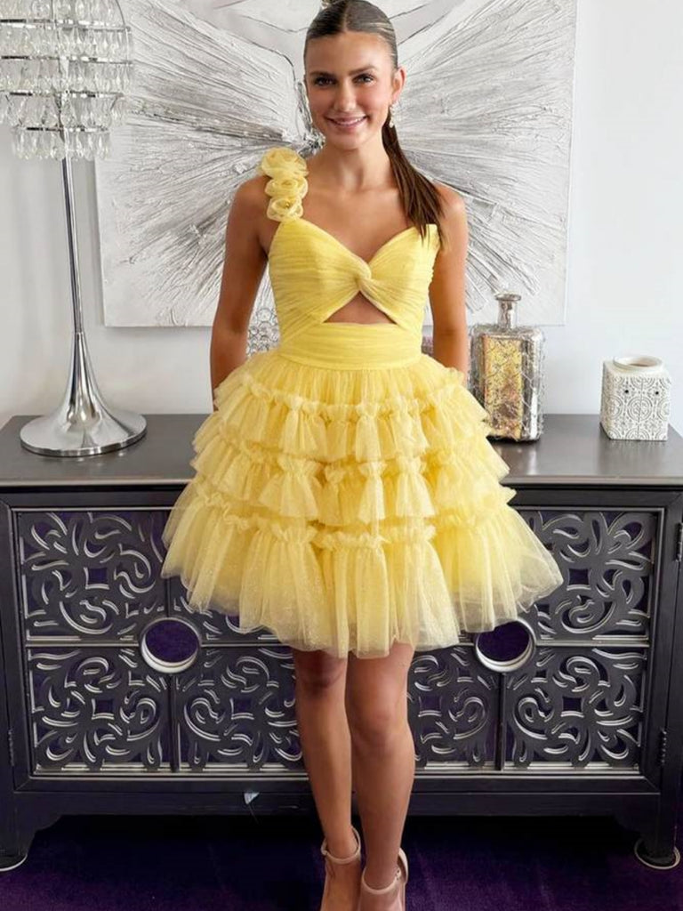 Princess One Shoulder Yellow Tulle Short Prom Dresses with Flowers, On Shiny Party Princess One Shoulder Yellow Tulle Short Prom Dresses with Flowers, On Shiny Party