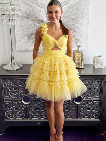 Princess One Shoulder Yellow Tulle Short Prom Dresses with Flowers, One Shoulder Yellow Homecoming Dresses SP3254