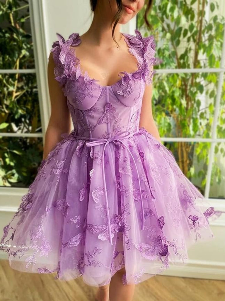 Princess Purple Lace Floral Short Prom Dresses, Lilac Homecoming Dresses with Appliques, Purple Formal Graduation Evening Dresses SP2734