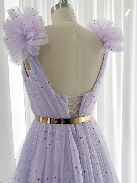 Princess Shiny V Neck Lilac Long Prom Dresses, Long Lilac Formal Graduation Evening Dresses SP2874