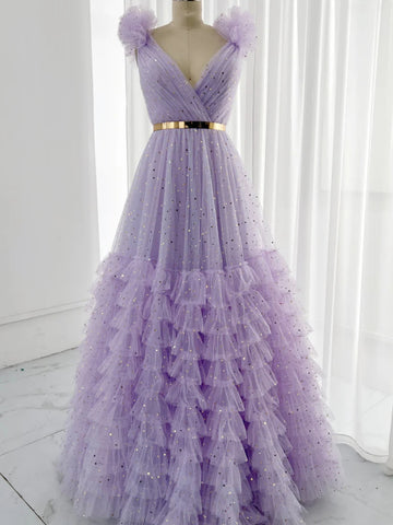 Princess Shiny V Neck Lilac Long Prom Dresses, Long Lilac Formal Graduation Evening Dresses SP2874