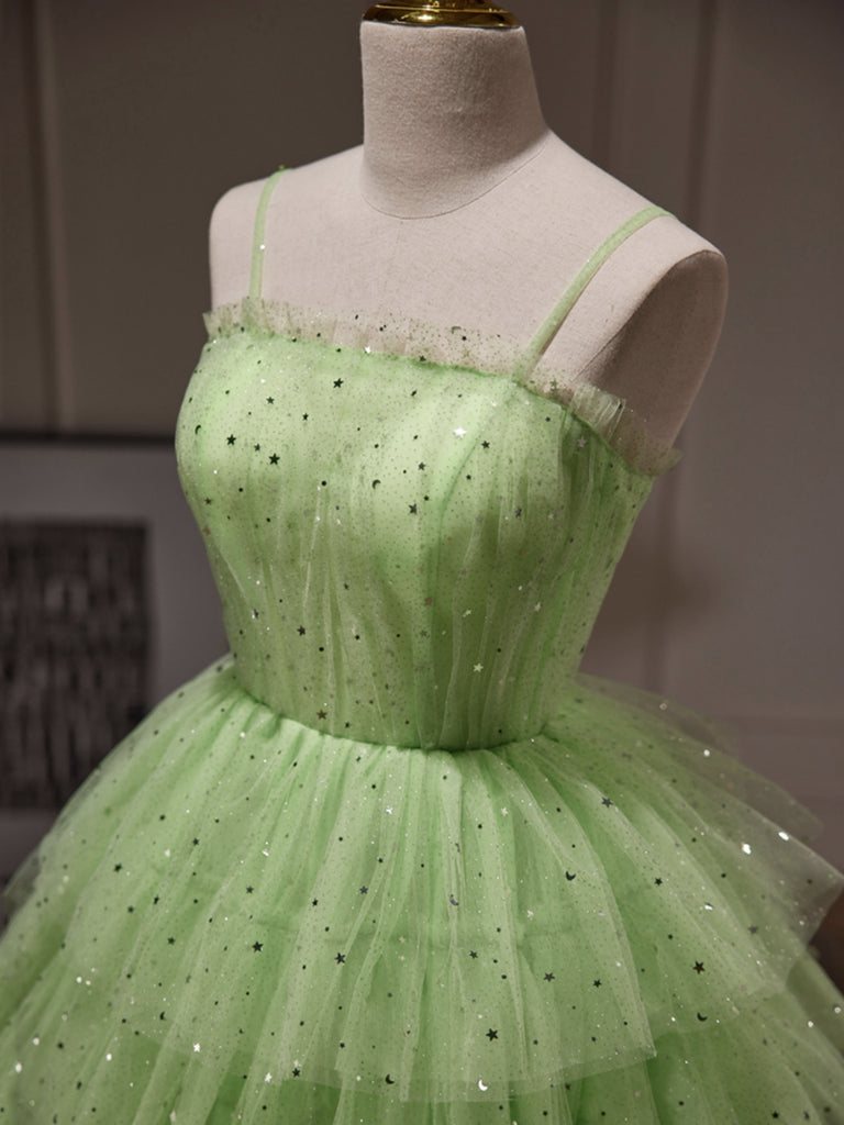 Princess Short Green Tulle Prom Dresses with Sequins, Layered Green Ho Shiny Party Princess Short Green Tulle Prom Dresses with Sequins, Layered Green Ho Shiny Party