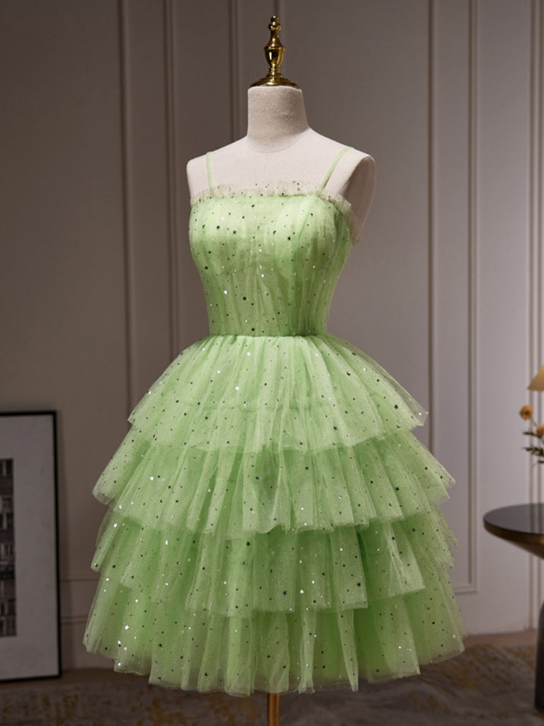 Princess Short Green Tulle Prom Dresses with Sequins, Layered Green Ho Shiny Party Princess Short Green Tulle Prom Dresses with Sequins, Layered Green Ho Shiny Party