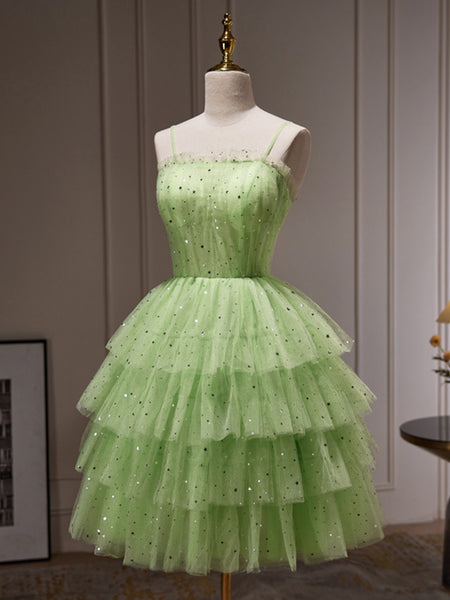 Princess Short Green Tulle Prom Dresses with Sequins, Layered Green Homecoming Dresses, Short Green Formal Graduation Evening Dresses SP2705