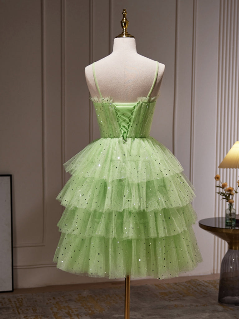 Princess Short Green Tulle Prom Dresses with Sequins, Layered Green Ho Shiny Party Princess Short Green Tulle Prom Dresses with Sequins, Layered Green Ho Shiny Party