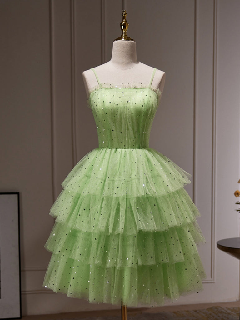 Princess Short Green Tulle Prom Dresses with Sequins, Layered Green Ho Shiny Party Princess Short Green Tulle Prom Dresses with Sequins, Layered Green Ho Shiny Party