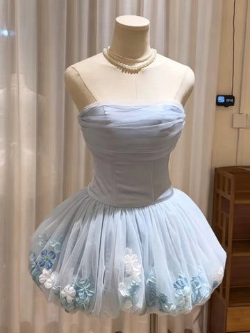 Princess Strapless Light Blue Short Prom Dresses with 3D Flowers, Light Blue Floral Homecoming Dresses SP3494