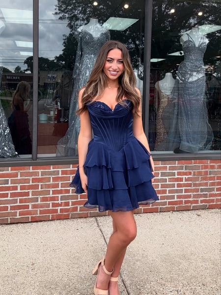 Princess Strapless Navy Blue Chiffon Short Prom Dresses, Navy Blue Homecoming Dresses SP3471