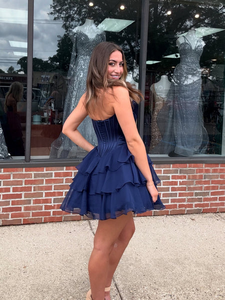 Princess Strapless Navy Blue Chiffon Short Prom Dresses, Navy Blue Homecoming Dresses SP3471