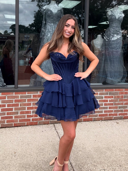 Princess Strapless Navy Blue Chiffon Short Prom Dresses, Navy Blue Homecoming Dresses SP3471