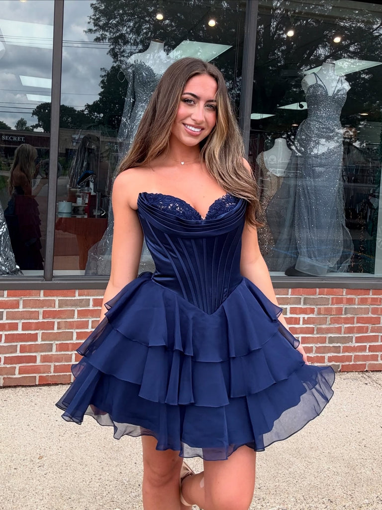 Princess Strapless Navy Blue Chiffon Short Prom Dresses, Navy Blue Hom – Shiny Party