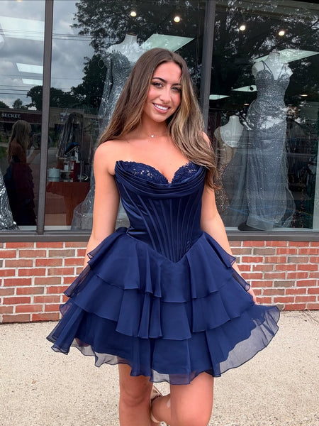 Princess Strapless Navy Blue Chiffon Short Prom Dresses, Navy Blue Homecoming Dresses SP3471