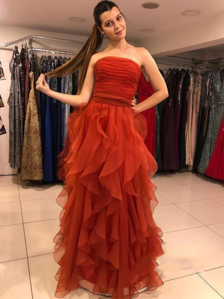 Princess Strapless Orange Long Prom Dresses, Orange Formal Graduation Shiny Party Princess Strapless Orange Long Prom Dresses, Orange Formal Graduation Shiny Party