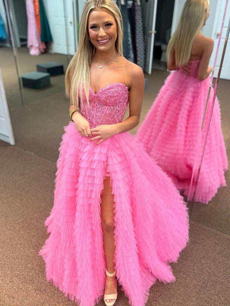 Princess Strapless Ruffle Pink Lace Long Prom Dresses with Side Split, Pink Lace Formal Evening Dresses, Pink Ball Gown SP2858