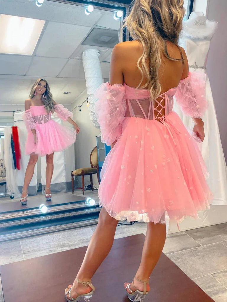 Princess Strapless Short Pink Prom Dresses with Sleeves, Pink Short Homecoming Dresses, Pink Formal Evening Dresses SP2972 Princess Strapless Short Pink Prom Dresses with Sleeves, Pink Short Homecoming Dresses, Pink Formal Evening Dresses SP2972
