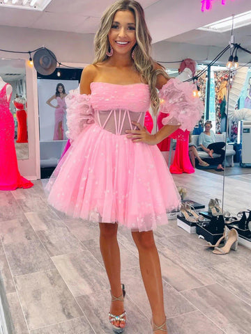 Princess Strapless Short Pink Prom Dresses with Sleeves, Pink Short Homecoming Dresses, Pink Formal Evening Dresses SP2972
