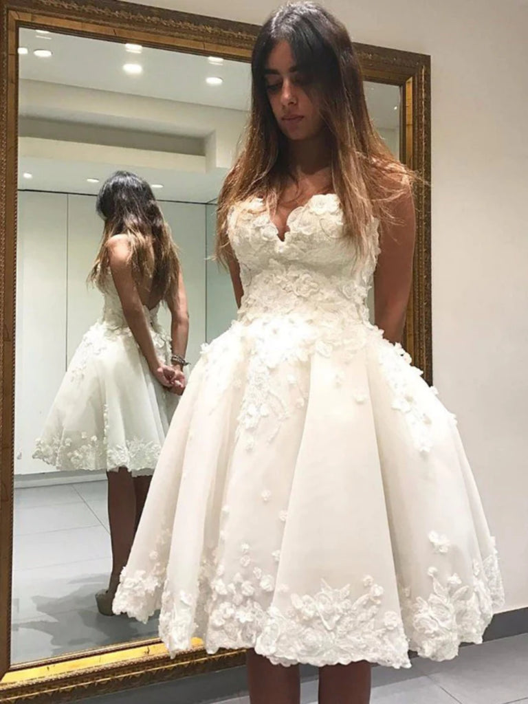 Princess V Neck Backless Ivory Lace Floral Prom Dresses, Ivory Lace Homecoming Dresses, Short Ivory Formal Evening Dresses SP2709 Princess V Neck Backless Ivory Lace Floral Prom Dresses, Ivory Lace Homecoming Dresses, Short Ivory Formal Evening Dresses SP2709