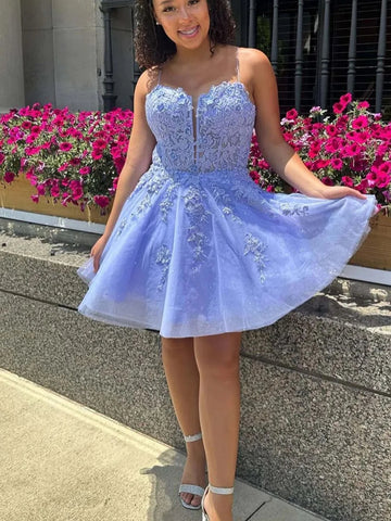 Princess V Neck Open Back Light Blue Lace Prom Dresses, Light Blue Lace Homecoming Dresses, Short Blue Formal Evening Dresses SP2974