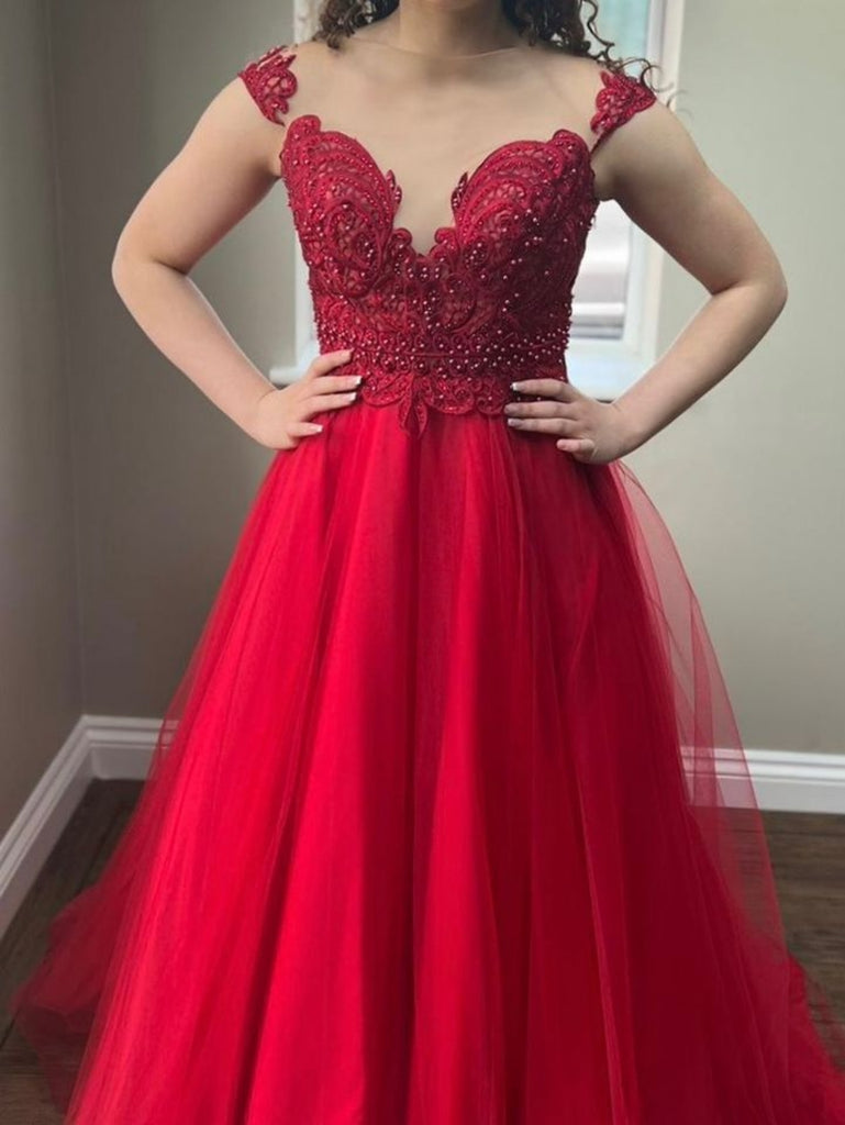 Round Neck Beaded Red Lace Long Prom Dresses, Red Tulle Formal Dresses, Beaded Red Evening Dresses SP2680