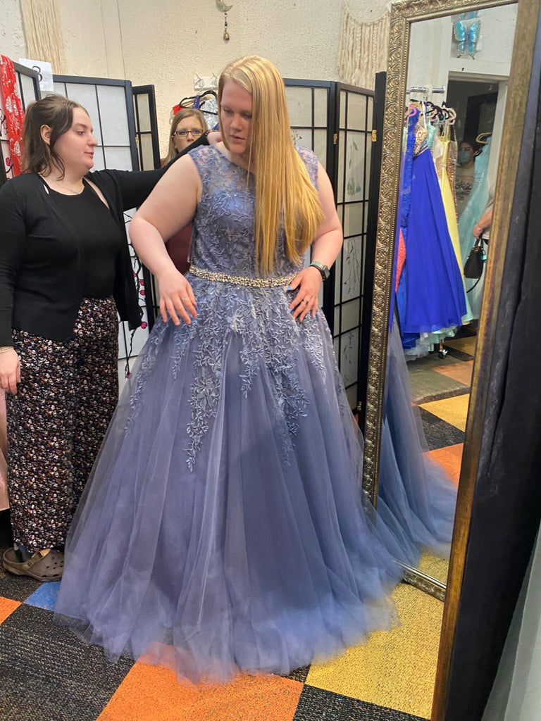 Round Neck Blue-Gray Lace Long Prom Dresses with Belt, Long Blue-Gray Shiny Party Round Neck Blue-Gray Lace Long Prom Dresses with Belt, Long Blue-Gray Shiny Party