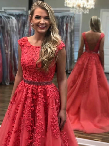 Round Neck Open Back Coral Lace Long Prom Dresses with Belt, Coral Lace Formal Evening Dresses SP2925