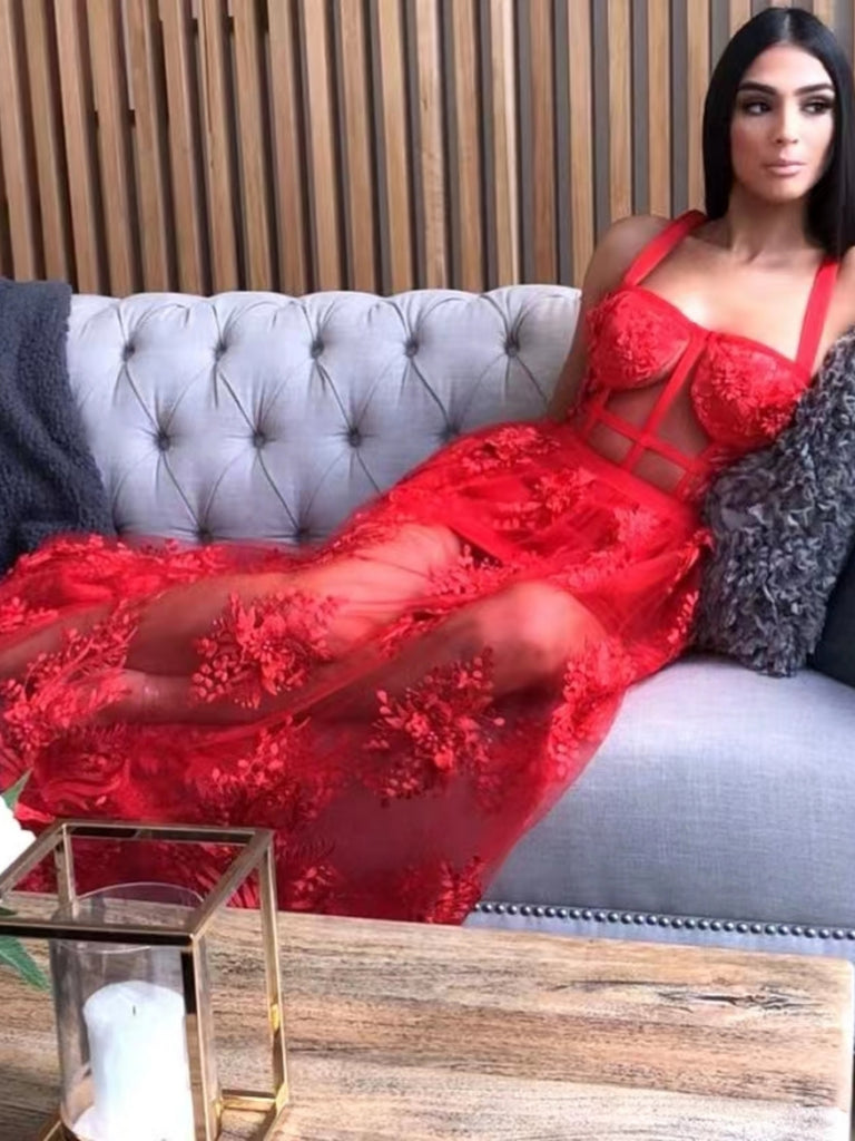 Sexy A Line Red Lace Long Prom Dresses, Red Lace Formal Dresses, Long Red Evening Dresses SP2832 Sexy A Line Red Lace Long Prom Dresses, Red Lace Formal Dresses, Long Red Evening Dresses SP2832
