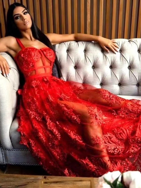 Sexy A Line Red Lace Long Prom Dresses, Red Lace Formal Dresses, Long Red Evening Dresses SP2832