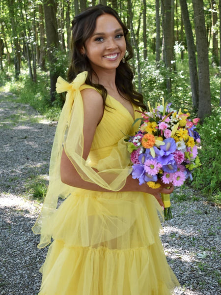 Sexy A Line V Neck Yellow Long Prom Dresses with High Slit, Long Yellow Formal Graduation Evening Dresses with Train SP3071