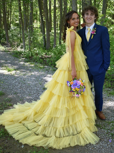 Sexy A Line V Neck Yellow Long Prom Dresses with High Slit, Long Yellow Formal Graduation Evening Dresses with Train SP3071