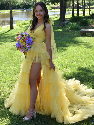 Sexy A Line V Neck Yellow Long Prom Dresses with High Slit, Long Yellow Formal Graduation Evening Dresses with Train SP3071