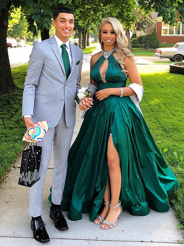 Sexy High Neck Green Satin Long Prom Dresses with High Slit, Long Green Formal Graduation Evening Dresses SP3043