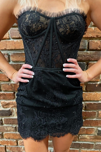 Sexy Strapless Black Lace Short Prom Dresses, Black Lace Homecoming Dresses SP3257