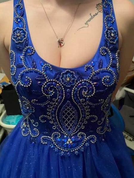 Shiny A Line Beaded Blue Tulle Long Prom Dresses, Blue Formal Graduation Evening Dresses with Beadings SP3092